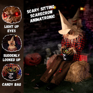 Halloween Animatronics Decorations Scary Sitting Scarecrow with Candy Bag - Image 7