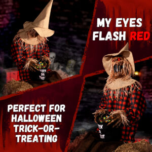 Halloween Animatronics Decorations Scary Sitting Scarecrow with Candy Bag - Image 5