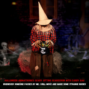 Halloween Animatronics Decorations Scary Sitting Scarecrow with Candy Bag - Image 4