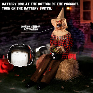 Halloween Animatronics Decorations Scary Sitting Scarecrow with Candy Bag - Image 3