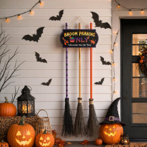 Halloween Decorations Light-Up Broom Parking Only Sign with 3 Witch Brooms, Violators Will Be Toad