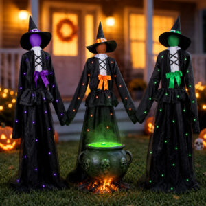 Halloween 65inch Light Up Witch Decoration Set of 3 Outdoor Graveyard Atmosphere Prop with Metal Base, Water-proof Solar Powered Control Box & Remote