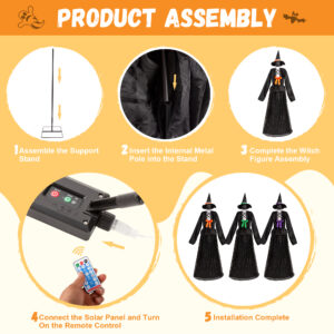 Halloween 65inch Light Up Witch Decoration Set of 3 Outdoor Graveyard Atmosphere Prop with Metal Base, Water-proof Solar Powered Control Box & Remote - Image 8