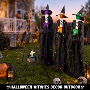 Halloween 65inch Light Up Witch Decoration Set of 3 Outdoor Graveyard Atmosphere Prop with Metal Base, Water-proof Solar Powered Control Box & Remote - Image 6
