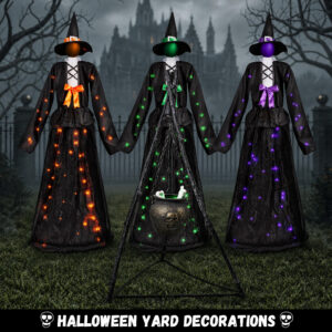 Halloween 65inch Light Up Witch Decoration Set of 3 Outdoor Graveyard Atmosphere Prop with Metal Base, Water-proof Solar Powered Control Box & Remote - Image 5