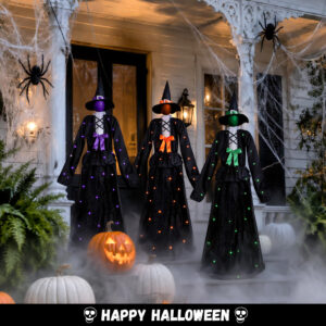 Halloween 65inch Light Up Witch Decoration Set of 3 Outdoor Graveyard Atmosphere Prop with Metal Base, Water-proof Solar Powered Control Box & Remote - Image 4