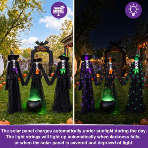 Halloween 65inch Light Up Witch Decoration Set of 3 Outdoor Graveyard Atmosphere Prop with Metal Base, Water-proof Solar Powered Control Box & Remote - Image 3
