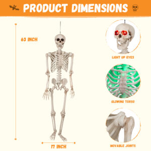 63" Halloween Skeleton Life Size Decor, 5.2FT Posable Skeletons with Glowing Eyes and Body - Image 7