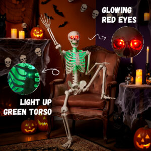 63" Halloween Skeleton Life Size Decor, 5.2FT Posable Skeletons with Glowing Eyes and Body - Image 5