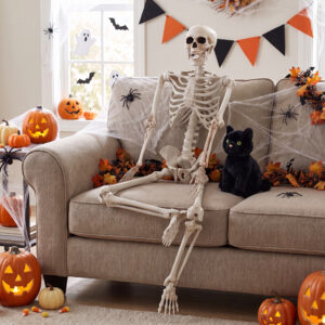 63" Halloween Skeleton Life Size Decor, 5.2FT Posable Skeletons with Glowing Eyes and Body - Image 3