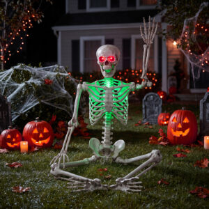 63" Halloween Skeleton Life Size Decor, 5.2FT Posable Skeletons with Glowing Eyes and Body - Image 8