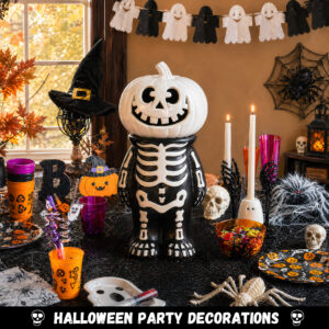 Halloween Decorations Skeleton Pumpkin Stand, Black & White Torso Candy Bowl Holder - Image 5