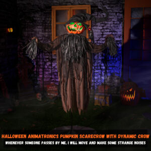 Halloween Animatronics Decorations, 5.5FT Animated Scarecrow with Pumpkin Head & Dynamic Crow - Image 4