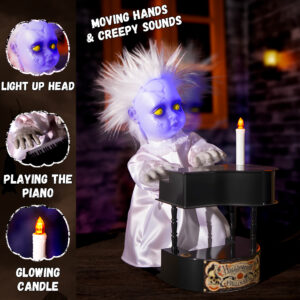 Halloween Animatronics Decorations, 13.7'' Creepy Doll with Piano - Image 7